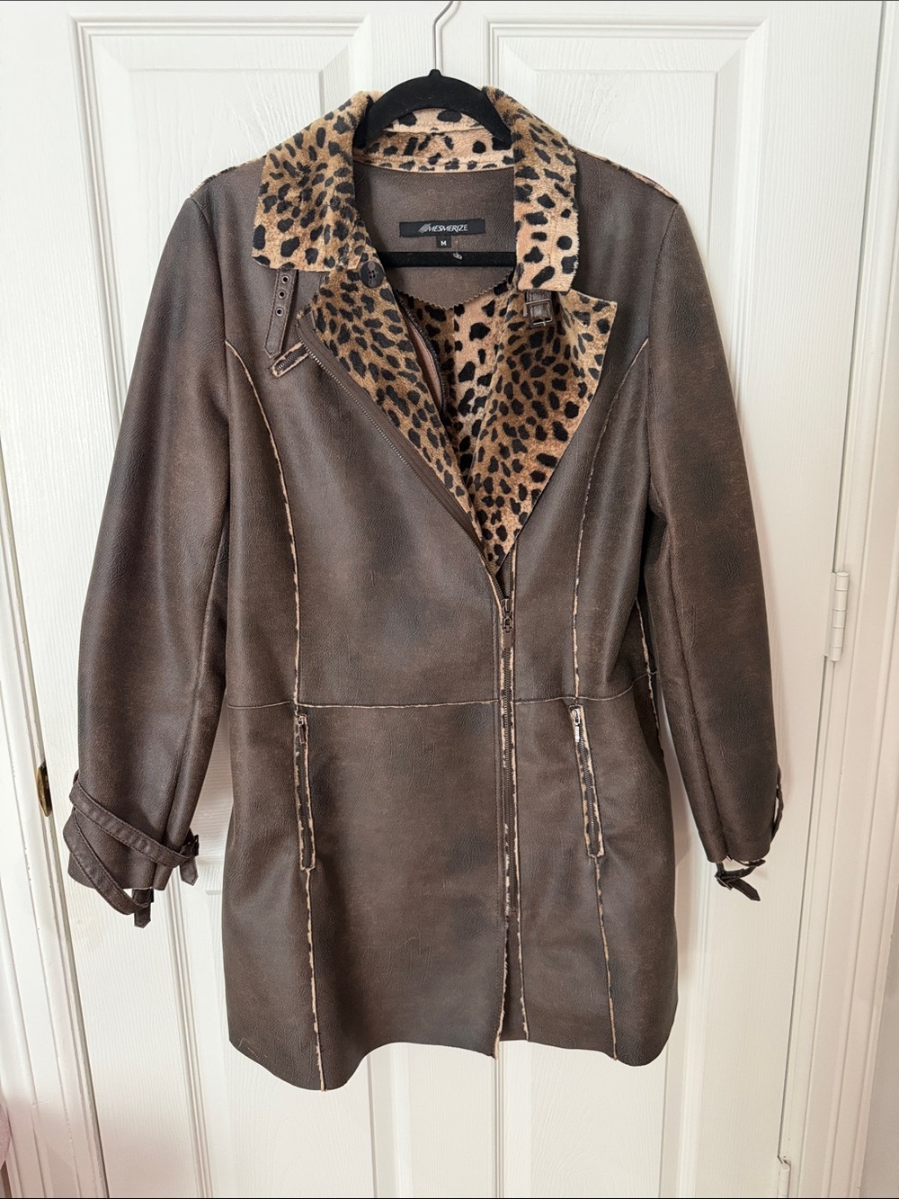 Leopard Trim Brown faux leather Coat - long - mesmerize medium